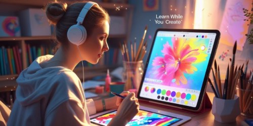 Alt text: A colorful digital illustration featuring a smartphone displaying a podcast app with a vibrant microphone icon on the screen. Surrounding the phone are five multicolored microphones. The background is filled with abstract, swirling shapes in cool and warm tones, creating a lively and creative atmosphere.
