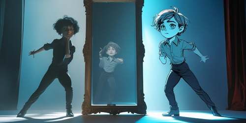 A person with curly hair stands on the left side of a large ornate mirror, while on the right side, a cartoon or anime-style character mimics their pose. In the mirror's reflection, a blend of both the real person and the animated character is visible, creating a surreal scene with dramatic lighting and a theatrical atmosphere.