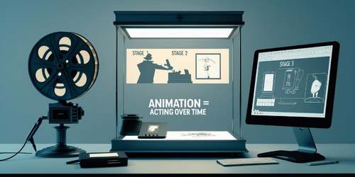 A workspace setup for animation, featuring a vintage film reel projector on the left, a lightbox in the center displaying animation stages labeled "Stage 1" and "Stage 2" with silhouettes, and a computer monitor on the right showing "Stage 3" with a digital drawing of a character. The text "ANIMATION = ACTING OVER TIME" is prominently displayed on the lightbox.