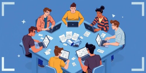 Alternative text: An illustration of seven people sitting around a square table, each working on laptops or tablets. The table is covered with papers, sketches, and design materials, suggesting a collaborative team meeting or brainstorming session. The background is blue, and the scene is framed as if viewed through a camera.