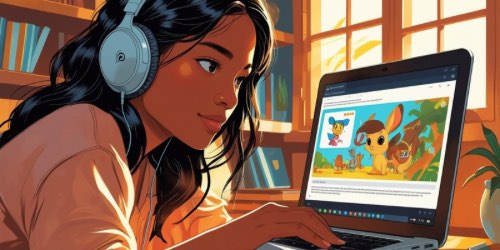 Alternative text: A young woman with long dark hair wearing headphones sits at a desk, focused on her laptop. The laptop screen displays a colorful animation with cartoon animals. Sunlight streams through a window behind her, and bookshelves are visible in the background.