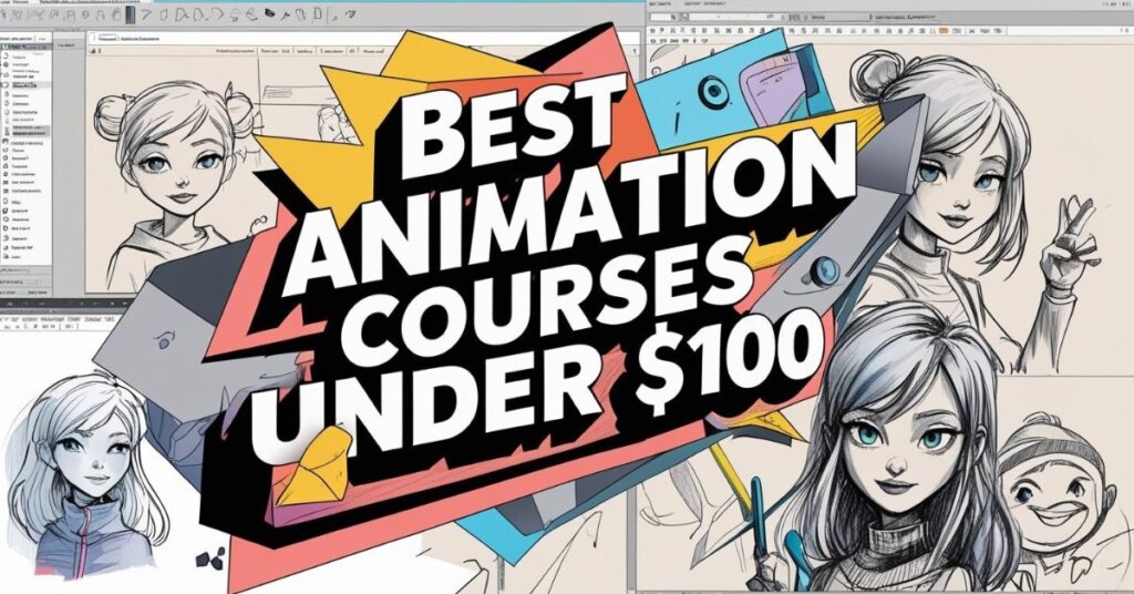 Alternative text: A colorful graphic with the bold text "Best Animation Courses Under $100" in the center. The background features digital sketches of animated characters, including girls with different hairstyles and expressions, and a smiling child. The image suggests affordable online animation courses.