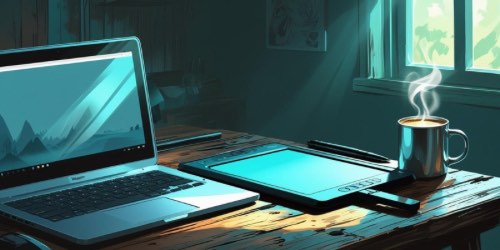 Alternative text: A cozy workspace with a laptop, a digital drawing tablet, a stylus, and a steaming mug of coffee on a wooden desk. Sunlight streams through a window, casting a warm glow over the scene.