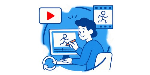 Alternative text: A person sitting at a desk using a computer to create or edit an animation of a stick figure running. There is a play button icon, a filmstrip with a running stick figure, and a refresh symbol, suggesting video editing or animation work. The illustration is in blue tones.