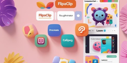 A pastel-themed flat lay featuring colorful 3D app icons and logos for animation and drawing apps such as FlipaClip, RoughAnimator, Procreate, Callipeg, and Loom. The background is pink with decorative leaves and playful clay-like shapes. On the right, a comparison chart displays cute cartoon characters and app interfaces.