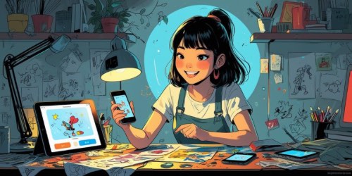 Alt text: A young woman with dark hair in a ponytail sits at a cluttered desk, smiling while holding a smartphone. She is surrounded by art supplies, sketches, and digital devices, including a tablet displaying a colorful cartoon character. The background features a wall covered in drawings and notes, illuminated by a desk lamp, creating a creative and lively workspace atmosphere.
