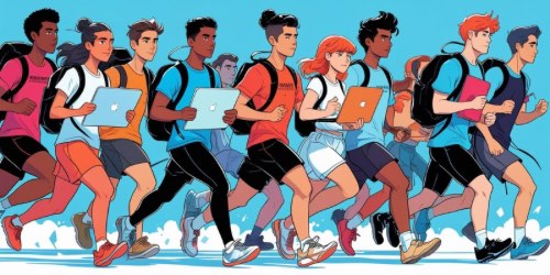 Alt text: A diverse group of young people jog together, each carrying a laptop and wearing backpacks. They are dressed in athletic clothing and appear energetic and focused, moving forward as a team against a bright blue background.