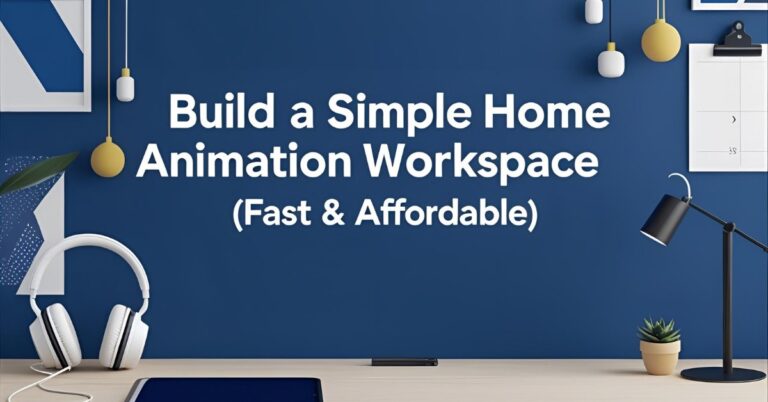 Alternative text: A modern home workspace with a light wooden desk against a blue wall. On the desk are a tablet, headphones, a small potted plant, and a black desk lamp. The wall features hanging lights, framed art, and a calendar. Large white text on the wall reads: "Build a Simple Home Animation Workspace (Fast & Affordable)."