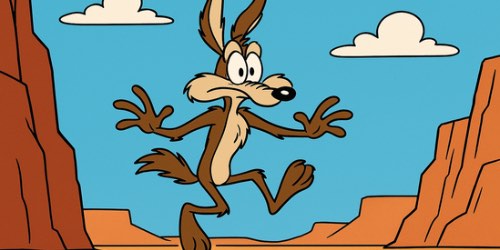 A cartoon coyote with a surprised expression is suspended in mid-air between two cliffs in a desert landscape, with blue sky and clouds in the background. The scene suggests the coyote is about to fall, referencing a classic cartoon moment.