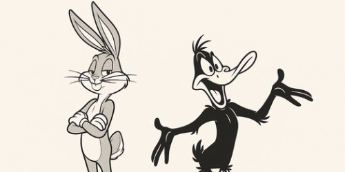 Two classic cartoon characters stand side by side. On the left, a tall rabbit with long ears and a confident smile stands with arms crossed. On the right, a duck with a wide beak and expressive eyes gestures animatedly with open arms. The image is in black and white with a simple background.
