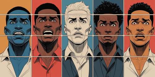Alt Text: Illustration of five men with different skin tones and hair styles, each displaying a shocked or surprised facial expression. The image is divided into rectangular segments, creating a grid-like effect. The background colors behind each man vary, adding visual contrast.