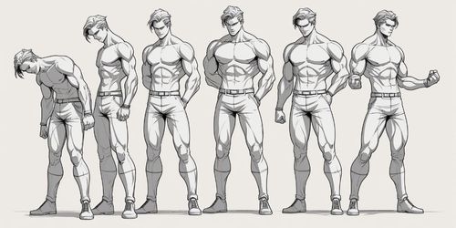 Alt Text: Black and white illustration of a muscular male character in five different standing poses, ranging from slouched and looking down to standing upright with a clenched fist. The character is shirtless, wearing fitted pants and shoes, and has short, styled hair. Each pose displays a different body language and emotion.
