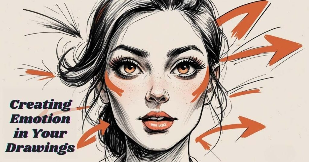 Alt text: Artistic sketch of a woman's face with expressive eyes and lips, surrounded by dynamic orange arrows pointing outward. The image includes the text "Creating emotion in your drawings" and the name "Mack" in the bottom right corner.