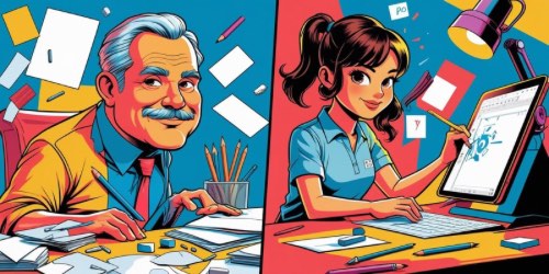 Alt text: Cartoon-style split image showing an older man with gray hair and mustache working with paper, pencils, and documents on a desk, and a young woman with brown hair in a ponytail working digitally on a tablet with a stylus, surrounded by digital tools and a desk lamp. The background is colorful and dynamic, highlighting the contrast between traditional and digital workspaces.