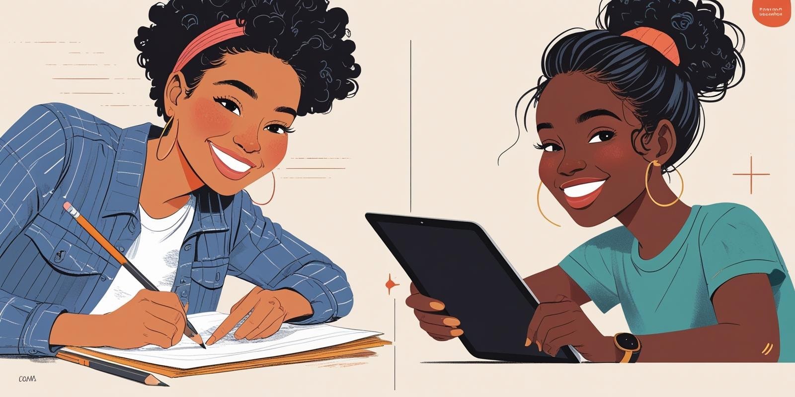 Alt text: Split illustration showing two young women smiling. On the left, a woman with curly hair and a headband is writing in a notebook with a pencil. On the right, a woman with her hair in a bun is using a digital tablet and stylus. Both are sitting at desks and appear happy and engaged in their work.