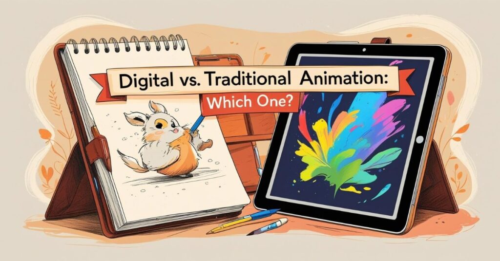 Alt text: Illustration comparing digital and traditional animation. On the left, a sketchbook with a drawing of a cartoon rabbit and a pencil represents traditional animation. On the right, a tablet displaying a colorful digital splash represents digital animation. A banner across both reads "Digital vs. Traditional Animation: Which One?" Colored pencils and a stylus are placed in front of the sketchbook and tablet.