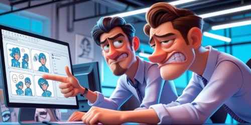 A cartoon illustration of two frustrated young men sitting haat a desk in front of a computer. One is pointing at the screen with an annoyed expression, while the other rests his chin on his hands, looking exasperated. The computer screen displays a comic strip or storyboard. The background shows a modern office with glass walls and sketches on the walls.