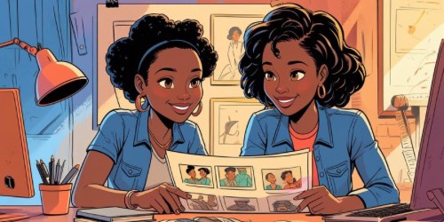 Alternative text: Two smiling young women sit together at a desk in a cozy, well-lit workspace, looking at a sheet of comic strip illustrations. Both wear denim shirts and hoop earrings. The desk is scattered with art supplies, and the background features framed drawings and sketches on the wall. A desk lamp and computer monitor are also visible.
