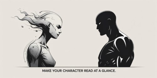 Alt text: Black and white illustration of two stylized characters facing each other. The character on the left has flowing, abstract hair and a textured body, while the character on the right is muscular and shaded in solid black. Below them is the text: "MAKE YOUR CHARACTER READ AT A GLANCE."