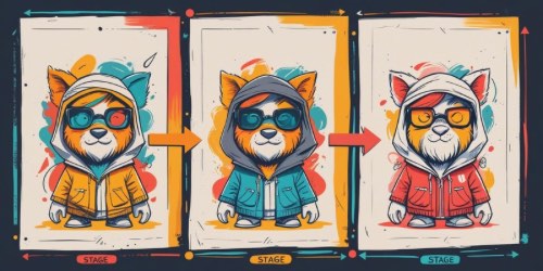 Alt text: Three illustrated cartoon cats wearing hoodies and glasses, each in a different colored jacket (yellow, blue, and red) and standing in front of colorful abstract backgrounds. The cats are shown in a sequence from left to right, with arrows indicating progression through different "stages."