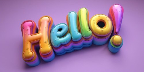 3D colorful balloon-style text spelling "Hello!" with a shiny, playful appearance on a purple background.