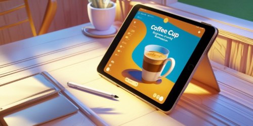 A tablet on a wooden table displays a colorful coffee cup graphic and menu, with a stylus, notebook, and a cup of coffee nearby. Warm sunlight streams in, creating a cozy and inviting workspace atmosphere.