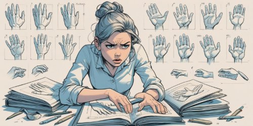 Alt text: A frustrated young woman with gray hair in a bun sits at a desk surrounded by open sketchbooks and drawing tools, studying hand anatomy. Behind her, a wall is covered with detailed sketches of hands in various poses and angles, suggesting she is struggling to learn how to draw hands accurately.