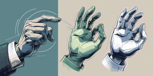 Alt text: Three illustrated hands in different poses and colors. The left hand, wearing a suit sleeve, is shown snapping its fingers against a teal background. The middle hand, greenish in color, is open with fingers slightly curled. The right hand, bluish in tone, is also open with fingers spread apart, all against a beige background.