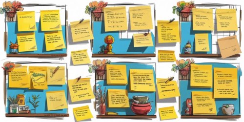Alt text: A colorful illustration of six bulletin boards, each decorated with plants and various objects, covered in yellow sticky notes. The sticky notes contain handwritten recipes, cooking tips, and kitchen reminders. Each board has a unique arrangement of notes and kitchen-themed doodles, such as utensils, jars, and bowls, creating a cozy and organized kitchen atmosphere.
