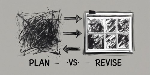 Alt text: A graphic showing a messy, chaotic scribble labeled "PLAN" on the left, with arrows pointing to a neatly organized storyboard of sketches labeled "REVISE" on the right. The text "PLAN - vs - REVISE" appears at the bottom, illustrating the difference between an unstructured idea and a refined, revised version.