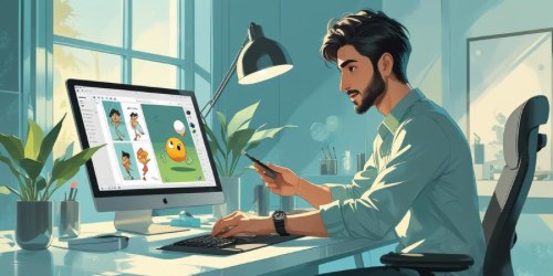 Alternative text: A man with dark hair and a beard sits at a modern desk in a bright, sunlit room, working on a desktop computer. The computer screen displays cartoon character designs and a large emoji illustration. The workspace is decorated with green plants, a desk lamp, and various office supplies, creating a creative and organized atmosphere.
