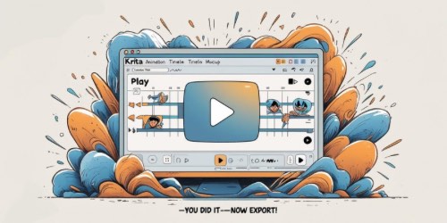 Alternative text: A colorful illustration of a computer screen displaying an animation timeline in the Krita software. The timeline shows cartoon characters in different animation frames, with a large play button in the center. The background features dynamic splashes of blue and orange, and below the screen, the text reads, "You did it—now export!"