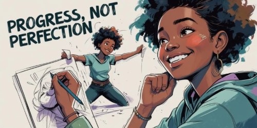 Alternative text: An illustrated image featuring a smiling young woman with curly hair, wearing a teal hoodie. She is shown in two poses: one close-up of her face, and another where she is joyfully stretching her arms wide. In the foreground, a hand is sketching her on a large piece of paper. The background includes the motivational phrase "PROGRESS, NOT PERFECTION" in bold letters.
