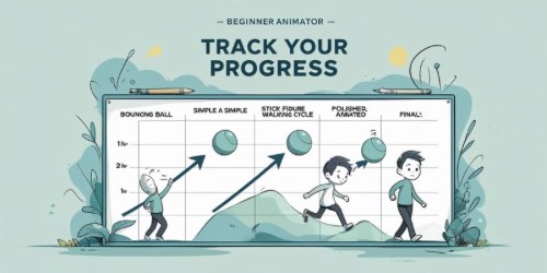 Alternative text: Illustrated chart titled "Track Your Progress" for beginner animators. The chart shows five stages of animation skill: Bouncing Ball, Simple & Simple, Stick Figure Walking Cycle, Polished Animated, and Final. Each stage is represented by a cartoon character progressing from throwing a ball to walking confidently, with arrows indicating upward progress. The background includes plants and drawing tools, creating a creative and encouraging atmosphere.