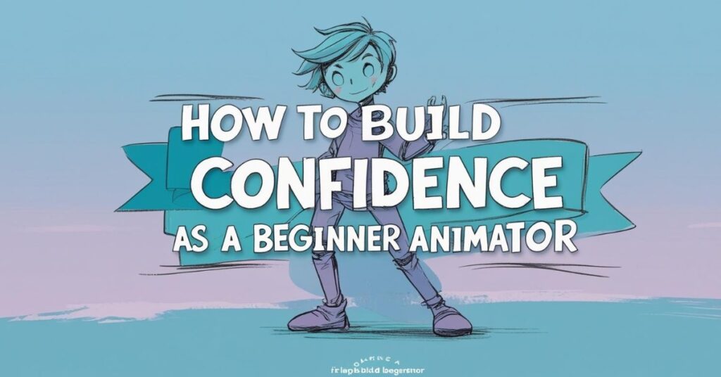 Alternative text: Illustrated banner featuring a cheerful cartoon character with short hair standing confidently. The background is a gradient of blue and purple, with a teal ribbon behind the character. Large, bold text in the center reads: "How to Build Confidence as a Beginner Animator."