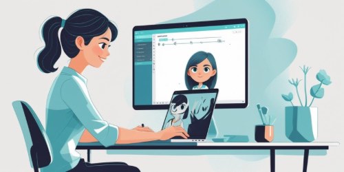 Alternative text: An illustrated woman sits at a desk using a laptop and a large monitor. She is drawing a cartoon character on her laptop, which is also displayed on the monitor. The workspace includes a potted plant, a cup, and a pen holder, creating a creative and organized environment.
