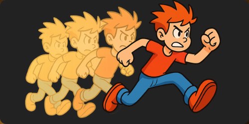 Alternative text: A cartoon boy with spiky orange hair, a red shirt, blue pants, and red shoes is running energetically to the right. Behind him, faded images show previous positions, creating a motion blur effect that emphasizes his speed and movement.
