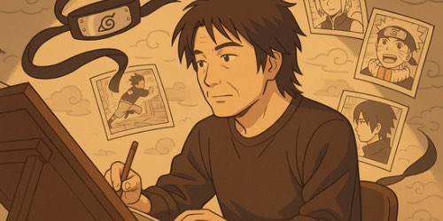 A stylized illustration featuring a spiky-haired anime character in the foreground, wearing a headband and jacket, holding a glowing blue energy sphere in his hand. Behind him, three shadowy silhouettes of the same character appear, two on an orange swirling background to the left and one on a blue swirling background to the right, creating a dynamic contrast of warm and cool colors.