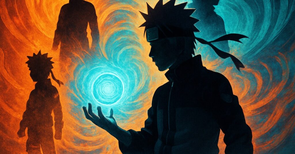 A stylized illustration featuring a spiky-haired anime character in the foreground, wearing a headband and jacket, holding a glowing blue energy sphere in his hand. Behind him, three shadowy silhouettes of the same character appear, two on an orange swirling background to the left and one on a blue swirling background to the right, creating a dynamic contrast of warm and cool colors.