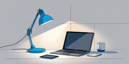 Alternative text: An illustration of a tidy desk featuring a blue desk lamp shining light onto an open laptop. Next to the laptop are a tablet, a smartphone, and a glass of water. The background is simple with minimal lines and a neutral color scheme.