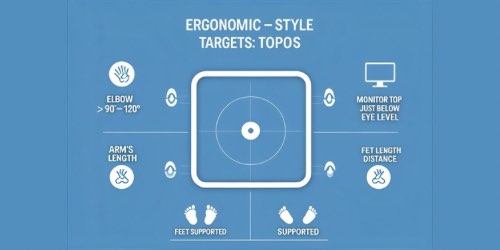 Alternative text: A blue infographic titled "Ergonomic – Style Targets: Topos" shows a central target graphic with ergonomic guidelines around it. On the left, icons and text indicate "Elbow > 90–120°" and "Arm's Length." On the right, icons and text indicate "Monitor Top Just Below Eye Level" and "Feet Length Distance." At the bottom, icons of feet and text read "Feet Supported" and "Supported." A computer monitor icon is also shown. The layout visually emphasizes proper ergonomic posture for desk work.