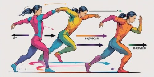 Alternative text: Illustration showing three stages of a running animation. The first figure, labeled "Key," is in a starting pose with one arm forward and one leg back. The second figure, labeled "Breakdown," is in a mid-stride position, transitioning between the start and end poses. The third figure, labeled "In-Between," is in a full running pose with one arm and leg forward. Colored arrows and lines indicate the movement and flow between each stage.