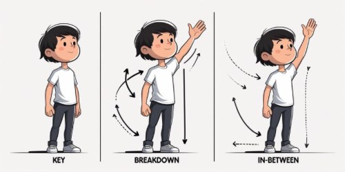 Alternative text: A cartoon boy is shown in three different animation stages. On the left, labeled "Key," he stands with arms at his sides. In the middle, labeled "Breakdown," he raises his right arm high and bends his left arm, with arrows showing the movement path. On the right, labeled "In-Between," his right arm is fully raised, and his body is slightly turned, with more arrows indicating motion. Each stage demonstrates a step in animating a waving gesture.
