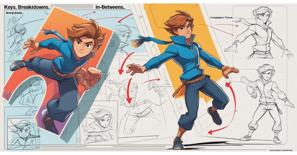 Alternative text: A digital illustration shows the animation process using a young male character in a blue jacket and scarf. On the left, the character is in a dynamic running pose, labeled "Keys, Breakdowns," with sketches and arrows showing movement. On the right, labeled "In-Betweens," the character is in a different running pose, with more sketches and red arrows indicating the flow of motion. The background includes rough pencil sketches and storyboard panels, demonstrating the steps from key frames to in-between frames in animation.