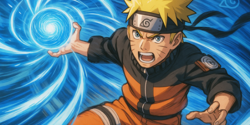 Alternative Text: Anime character Naruto Uzumaki, wearing an orange and black ninja outfit with a headband, is shown in an action pose. He is extending one hand forward, creating a swirling blue energy sphere (Rasengan) with dynamic, glowing energy spirals in the background. His expression is intense and determined.