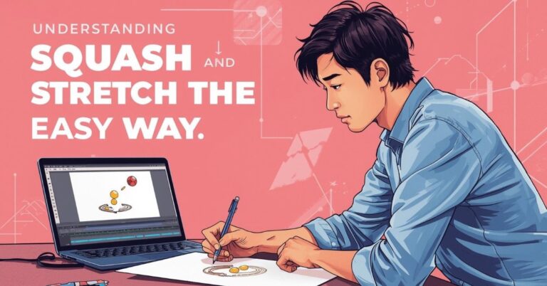A young man sits at a desk, focused on drawing an animation sequence of a bouncing ball on a sheet of paper. Beside him is an open laptop displaying the same animation frames. The background is pink with geometric shapes, and bold text explains the concept of "squash and stretch" in animation. Pens and drawing tools are scattered on the desk.
