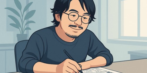 Alternative text: An illustrated man with glasses and a beard sits at a desk, smiling while drawing on paper with a pen. There is a plant in the background and sunlight coming through a window.