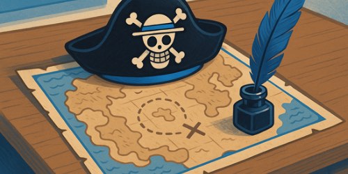 Alternative text: An illustrated pirate hat with a skull and crossbones sits on top of a treasure map on a wooden table. Next to the hat is a blue feather quill in an ink bottle. The map shows an island with a dotted path leading to a large "X" marking the treasure spot.