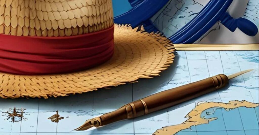 Alternative text: A straw hat with a red band sits on top of a nautical map, next to hia wooden pen. In the background, there is a large blue ship's wheel and additional map details showing islands and ocean routes.