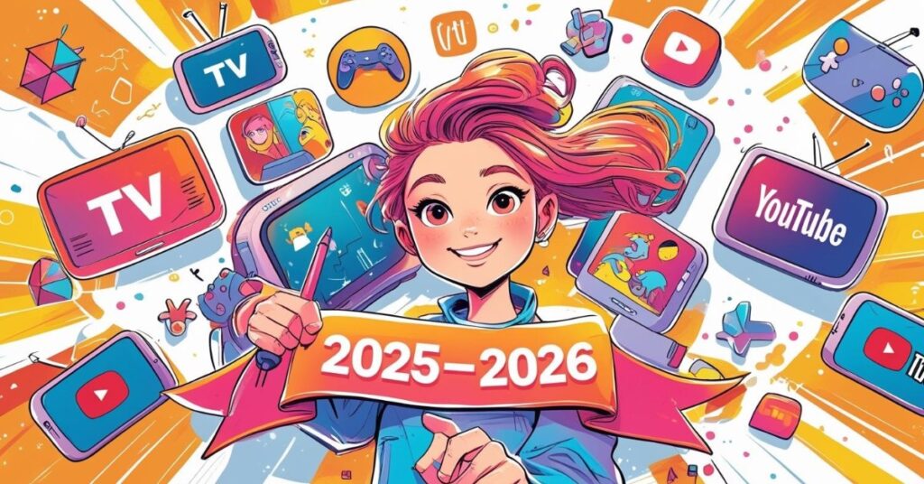 Alternative text: A colorful digital illustration of a smiling young person with pink hair holding a pen, surrounded by floating screens and icons representing TV, YouTube, video games, and social media. The person stands behind a bright banner displaying "2025–2026." The background is filled with dynamic lines and vibrant colors, creating an energetic and creative atmosphere.
